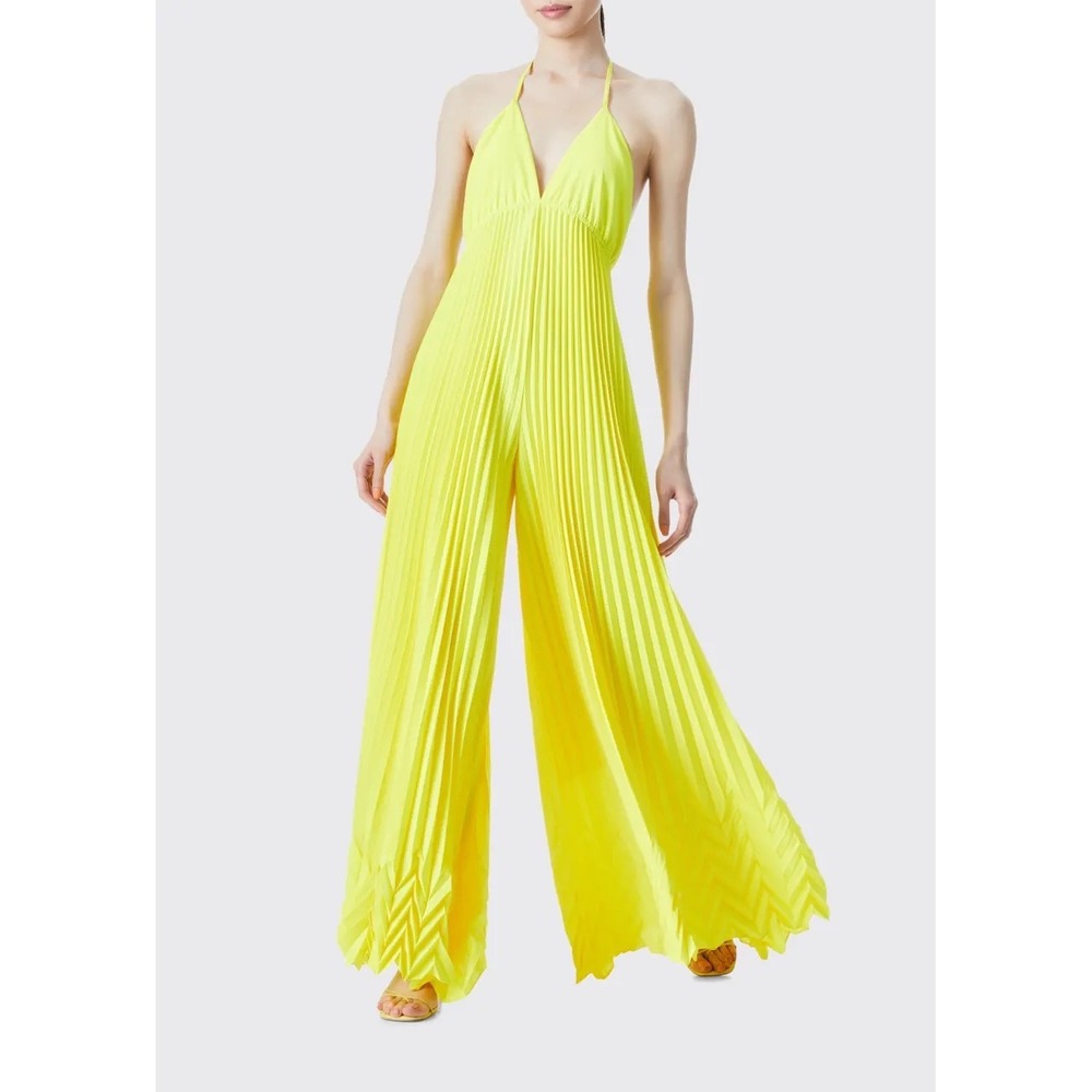 Alice + Olivia Yellow Halter Jumpsuit Pleated Evening‎ Party Cocktail Wide Leg